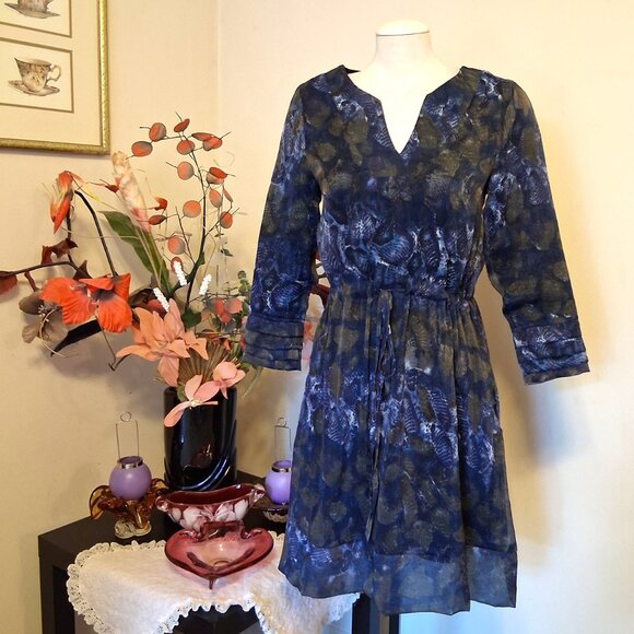 NWOT dotty Women's Blue Printed Fully Lined Midi Dress S/P - Picture 3 of 7